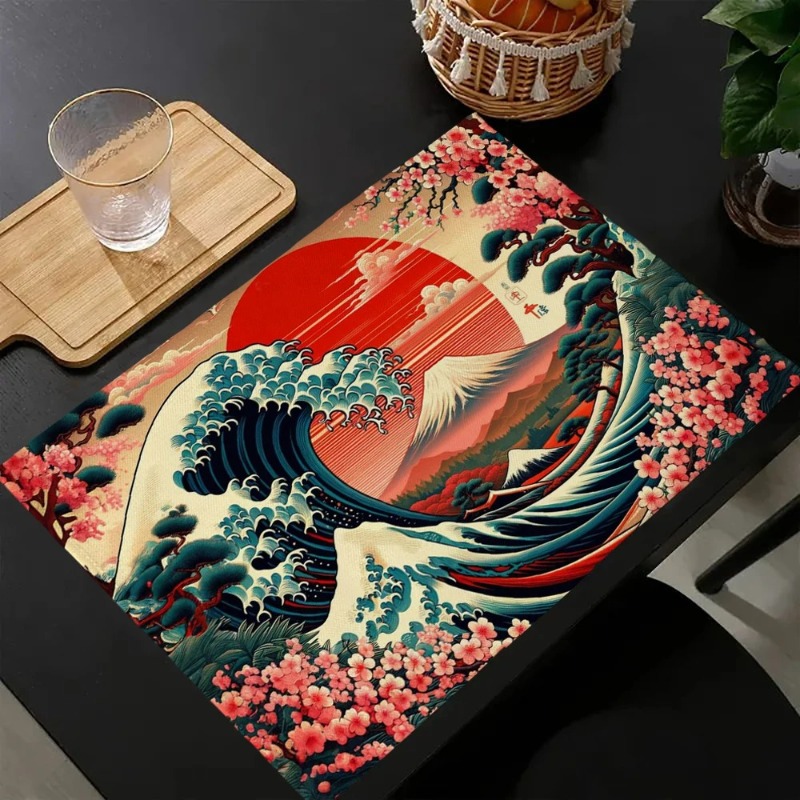 Linen Napkin Set - Tsunami Waves Printed Placemats Japanese Illustration