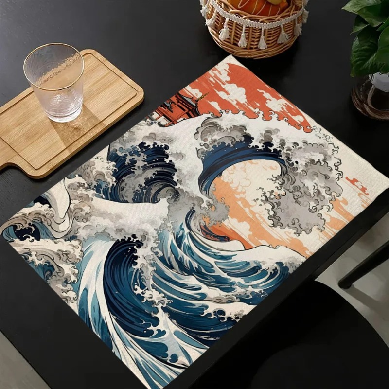 Tsunami Waves Printed Placemat - Linen Napkin Set 评论和价格